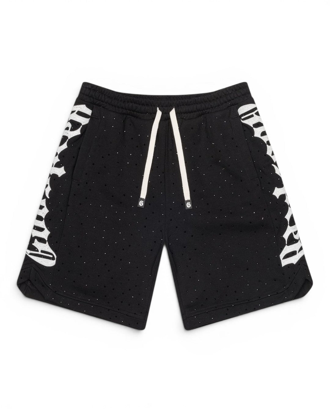 Black shorts with white patterns on a white background