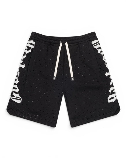 Black shorts with white patterns on a white background