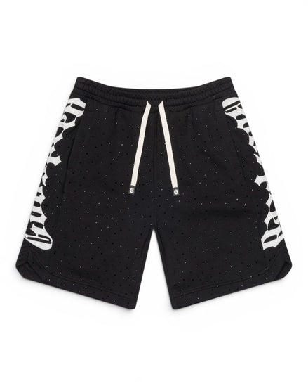 Black shorts with white patterns on a white background