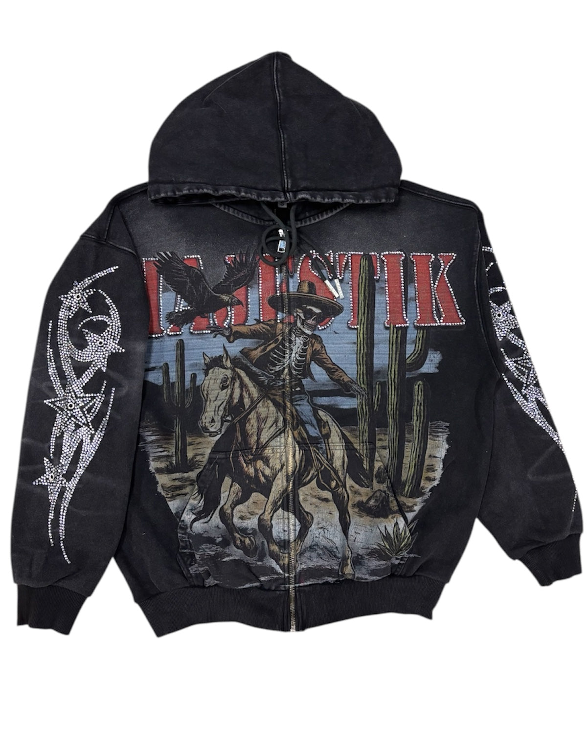 Black hoodie with a graphic design of a person on horseback and cacti, featuring the brand 'NEBRIK'.