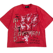 Red t-shirt with graphic design and text on a white background