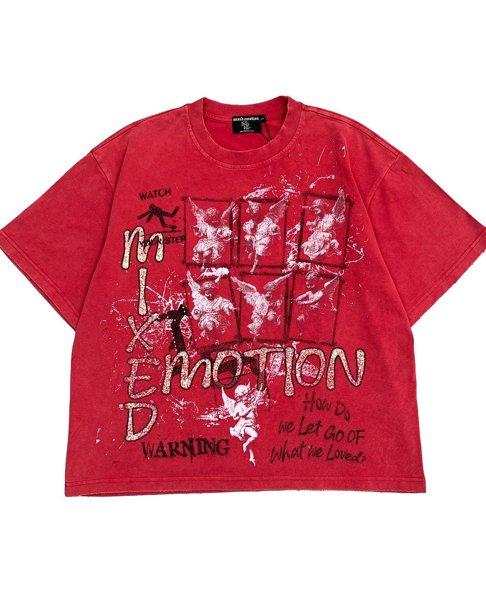 Red t-shirt with graphic design and text on a white background