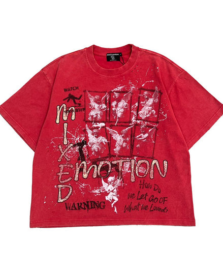 Red t-shirt with graphic design and text on a white background