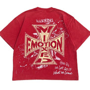 Red t-shirt with graphic design and text on a white background