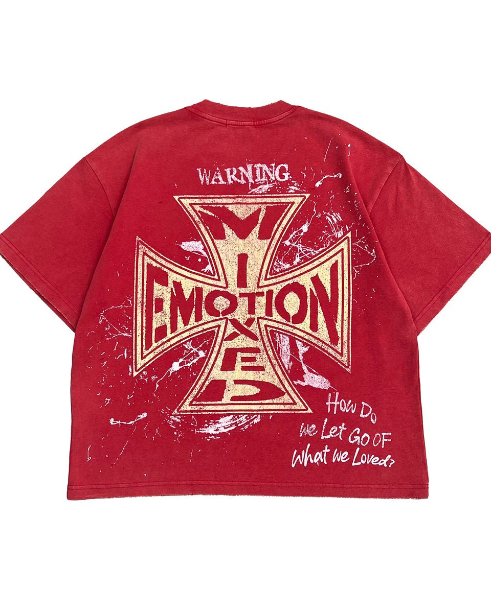 Red t-shirt with graphic design and text on a white background