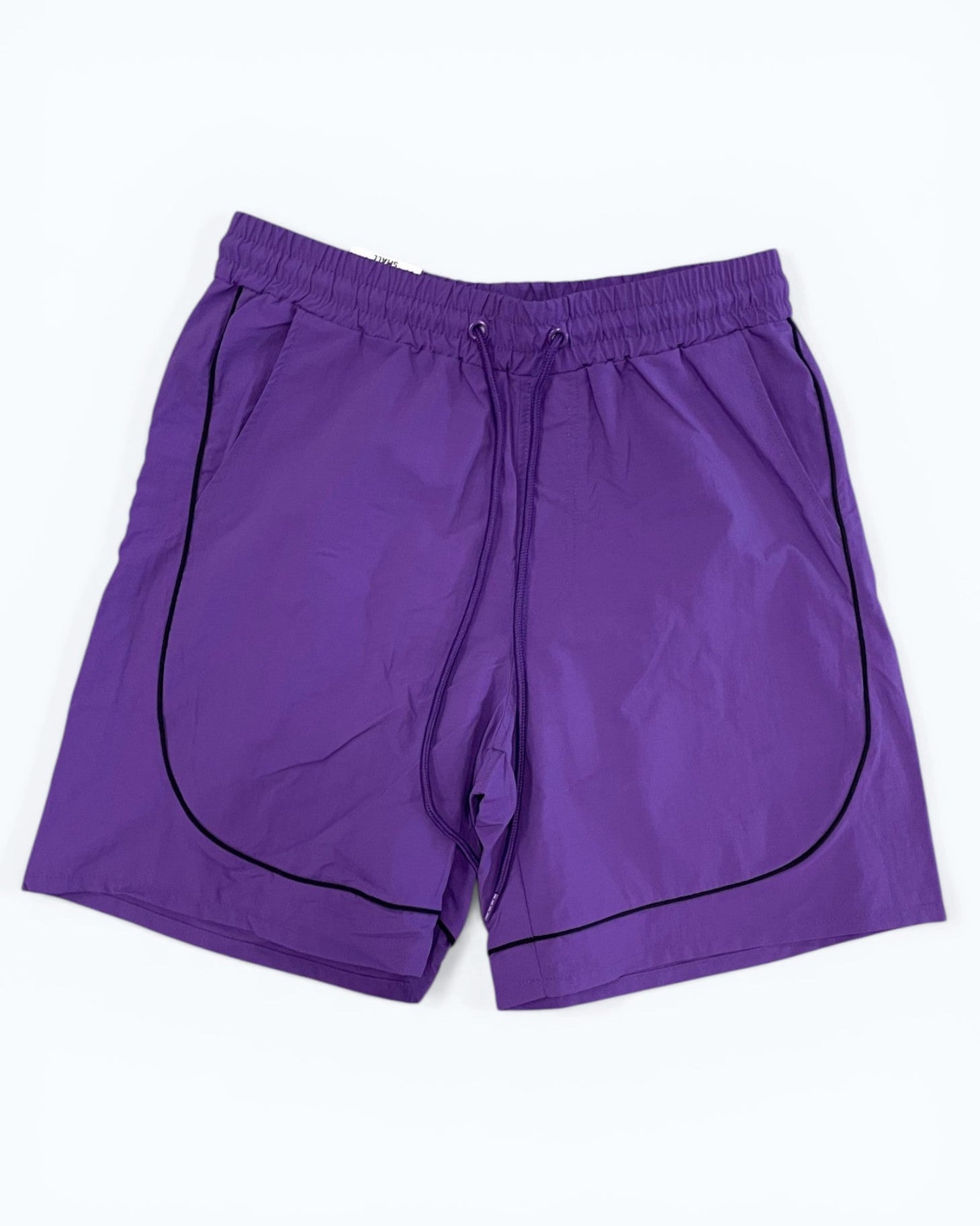 Purple shorts with black piping on a white background