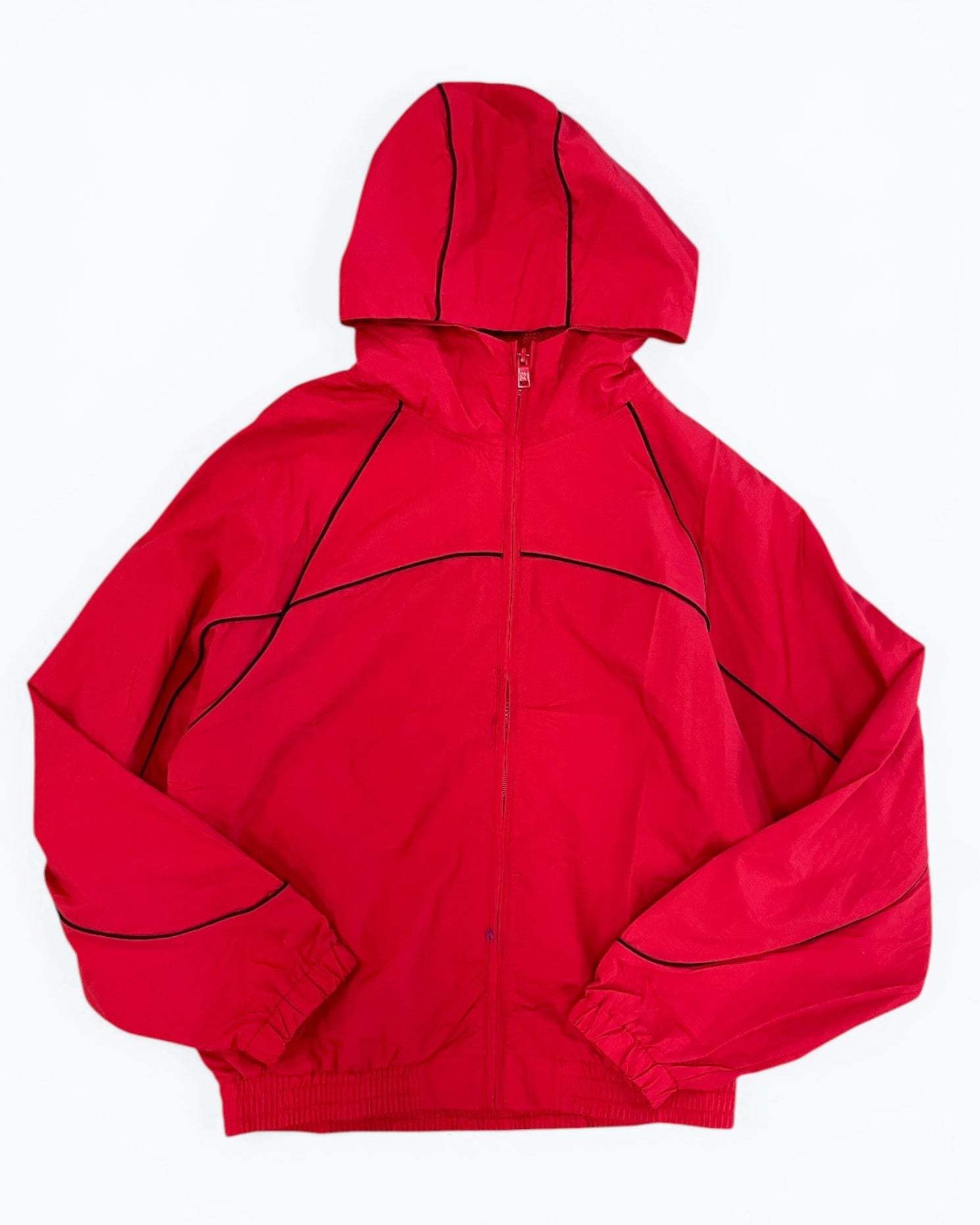 Red jacket with black accents on a white background