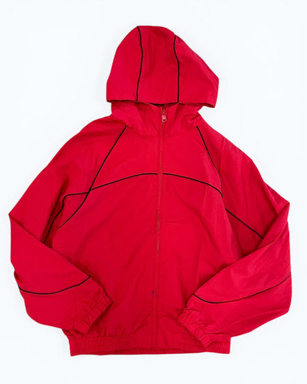 Red jacket with black accents on a white background