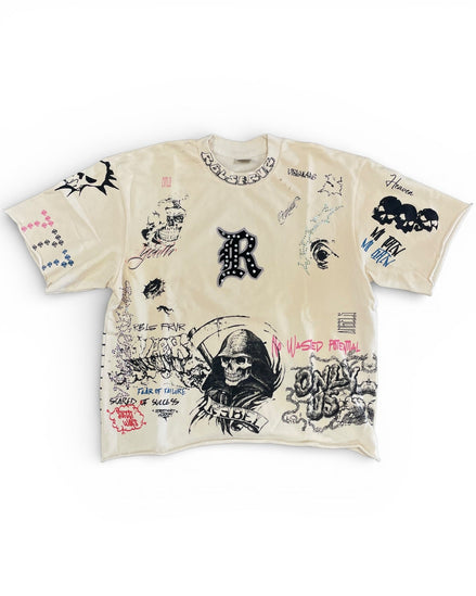 Beige t-shirt with black and white graphics and text on a white background