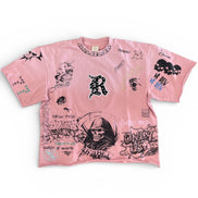 Pink t-shirt with graphic designs on a white background
