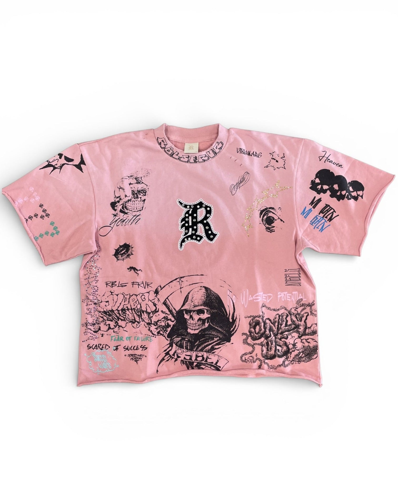 Pink t-shirt with graphic designs on a white background
