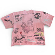Pink t-shirt with black graphics and text on a white background