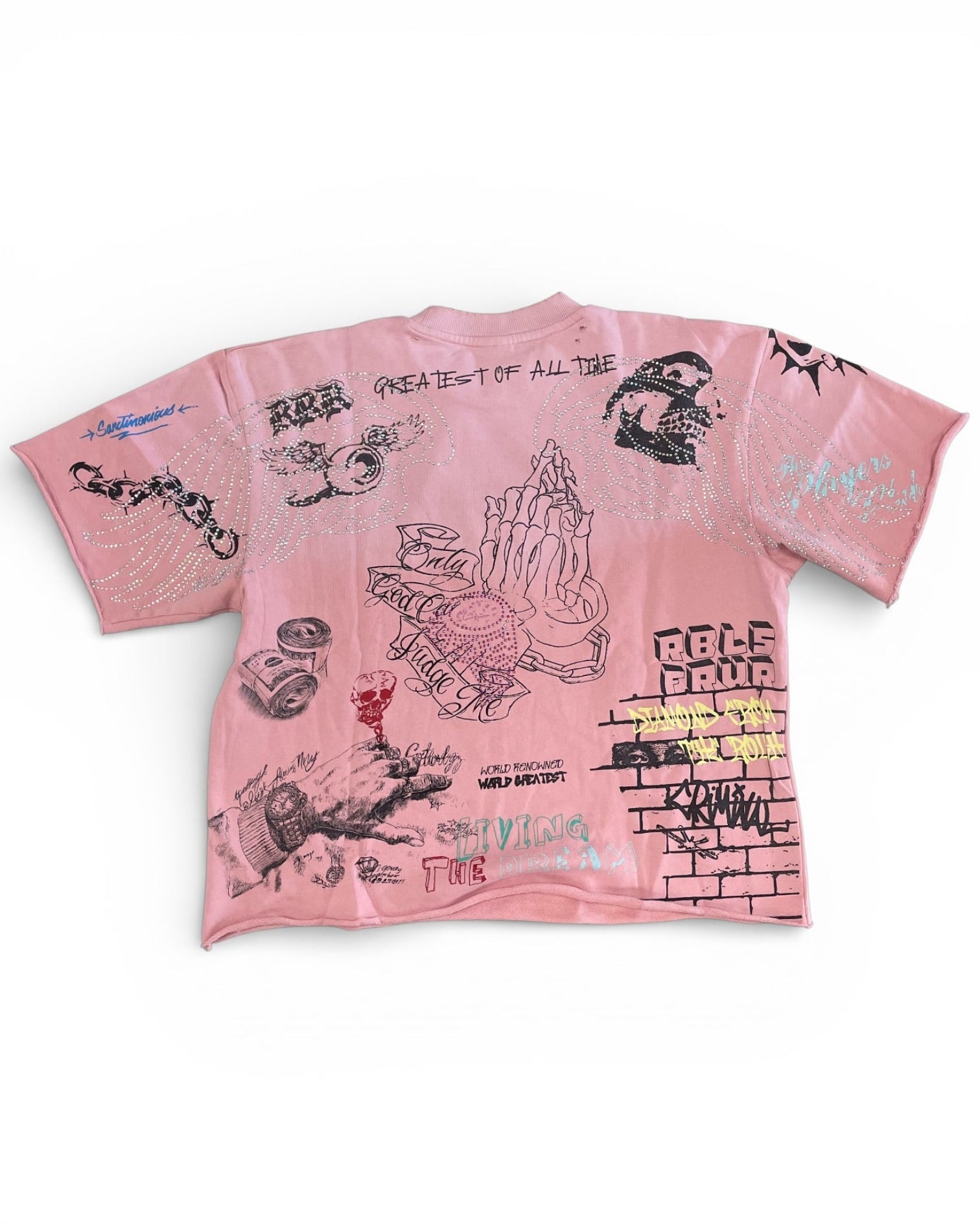 Pink t-shirt with black graphics and text on a white background