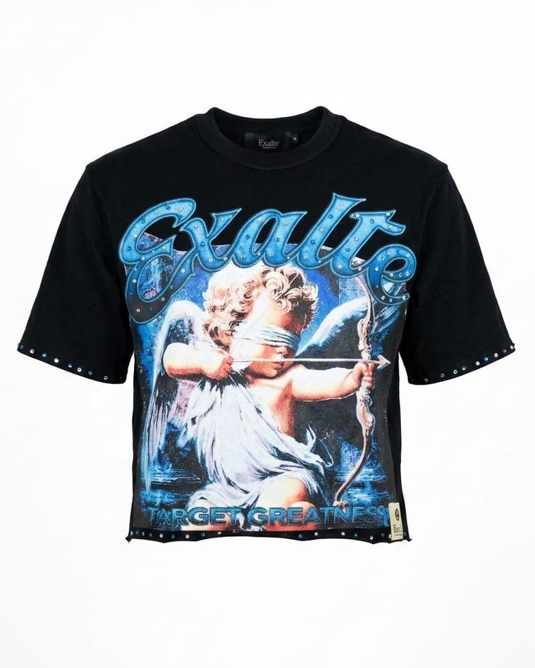 Black t-shirt with graphic design and text on a white background