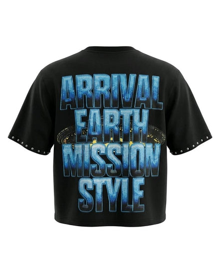 Black t-shirt with blue and white text on a white background