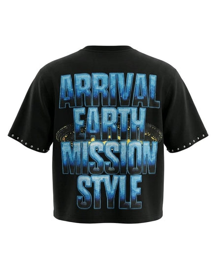 Black t-shirt with blue and white text on a white background