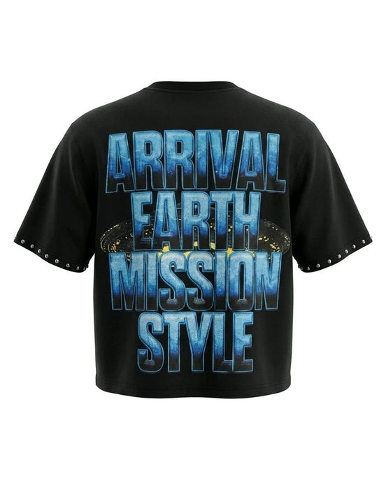 Black t-shirt with blue and white text on a white background