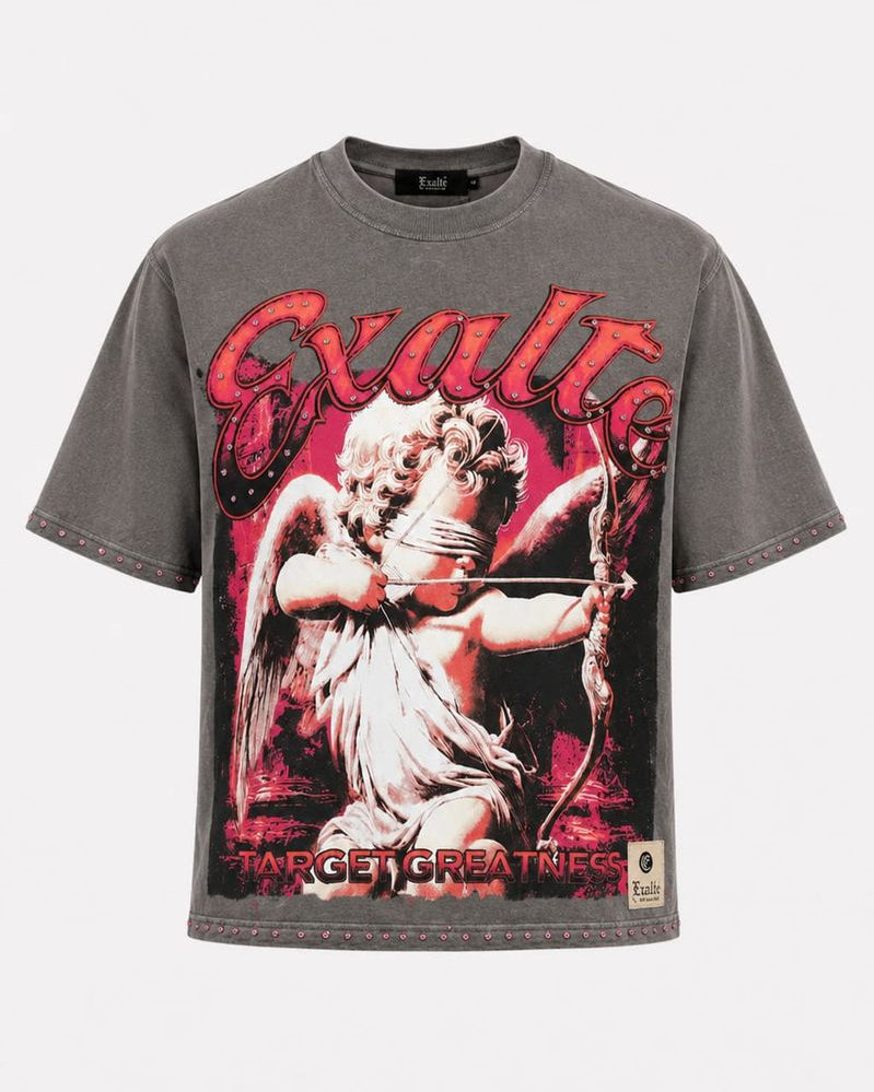 Gray t-shirt with graphic design and text on a white background