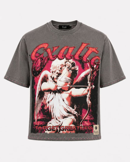 Gray t-shirt with graphic design and text on a white background