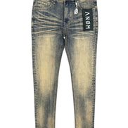 Blue jeans with a brand label on a white background