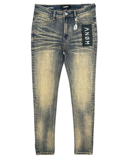 Blue jeans with a brand label on a white background