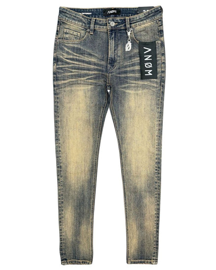 Blue jeans with a brand label on a white background