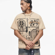 Man wearing a beige t-shirt with graphic design on a white background