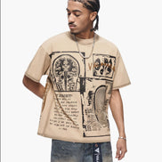 Man wearing a beige t-shirt with graphic design on a white background