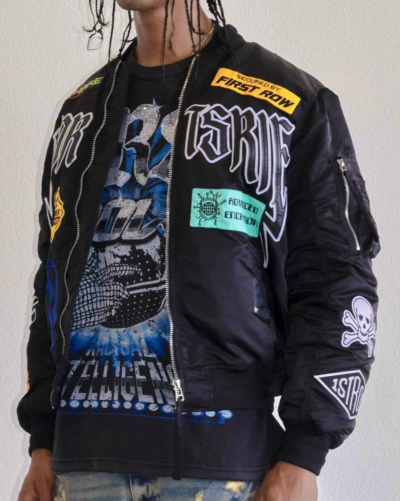 First row caution black bomber jacket 