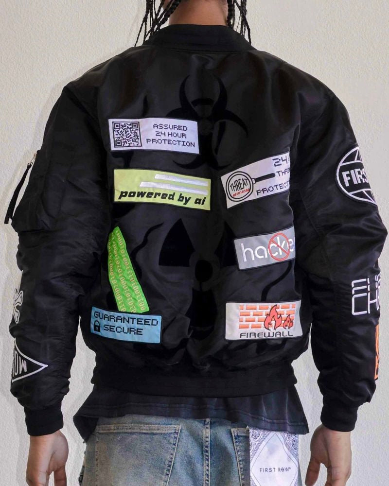 First row caution black bomber jacket 