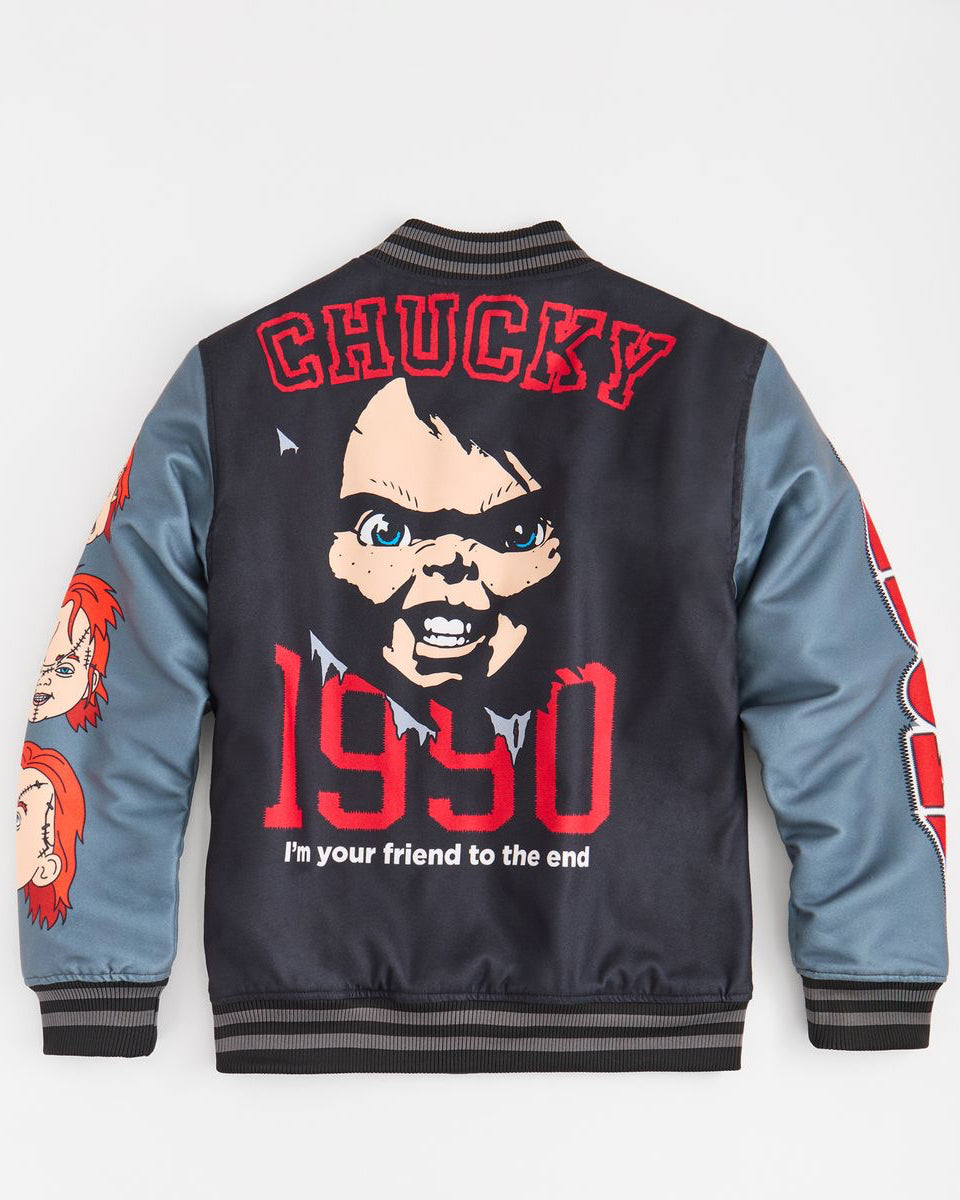 Varsity jacket with 'Chucky' design and text on a white background