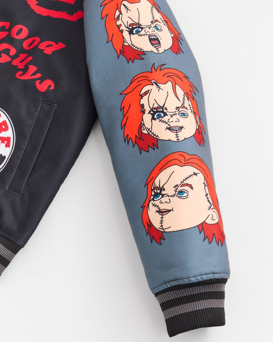 Varsity jacket with character design on sleeves against a white background