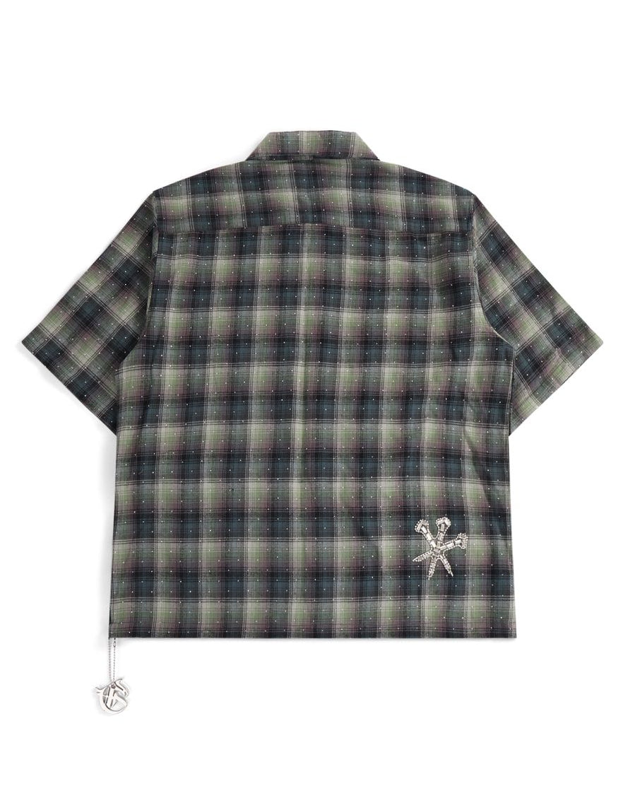 Plaid shirt with a logo on a white background