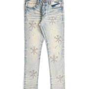 Light blue distressed jeans with decorative snowflake patterns on a white background