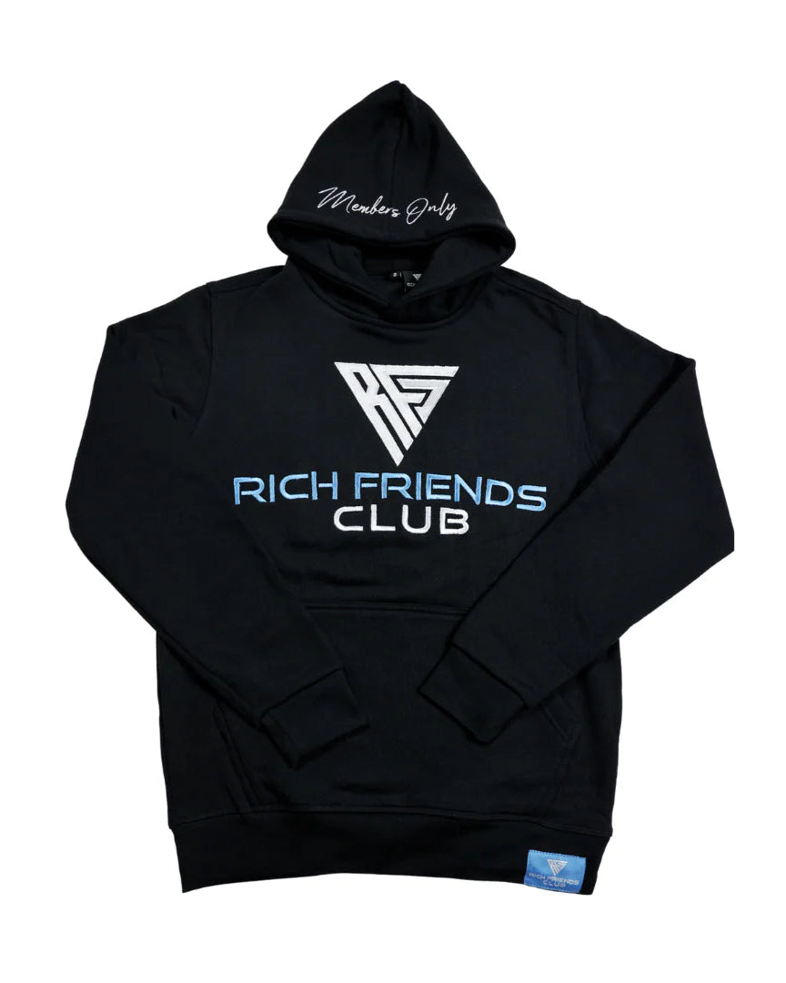 Black hoodie with 'Rich Friends Club' text and logo on a white background