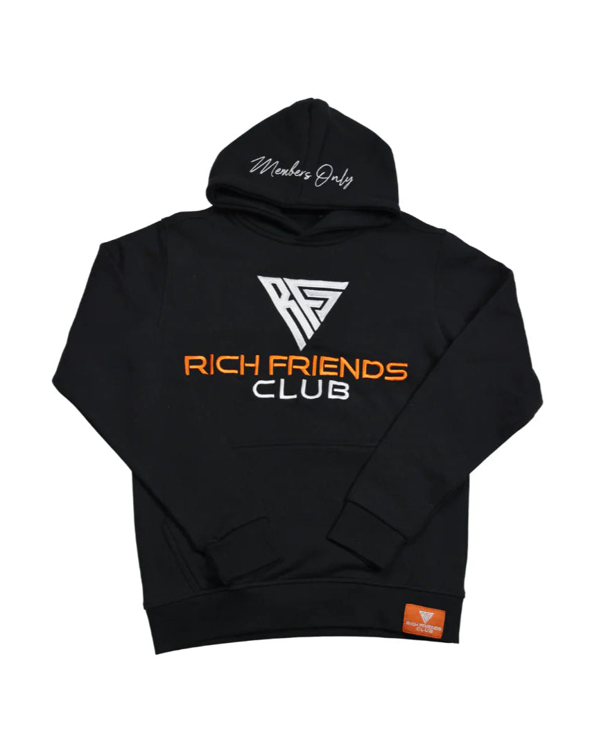 Black hoodie with 'Rich Friends Club' text and logo on a white background
