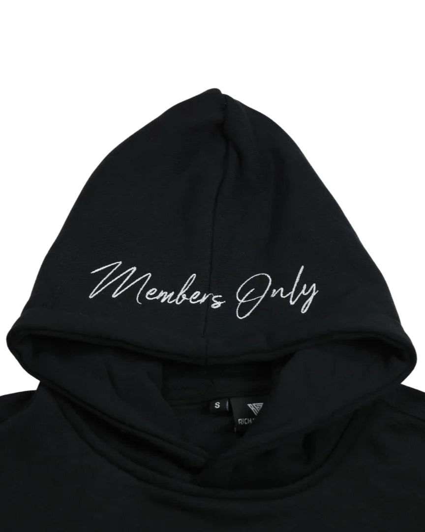 Black hoodie with 'Members Only' text on a white background