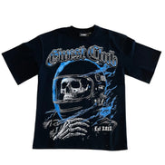 Black t-shirt with a graphic design of a skull in a helmet and text on a white background