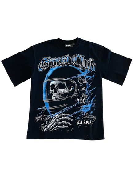 Black t-shirt with a graphic design of a skull in a helmet and text on a white background