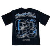 Black t-shirt with blue and white graphics and text on a white background