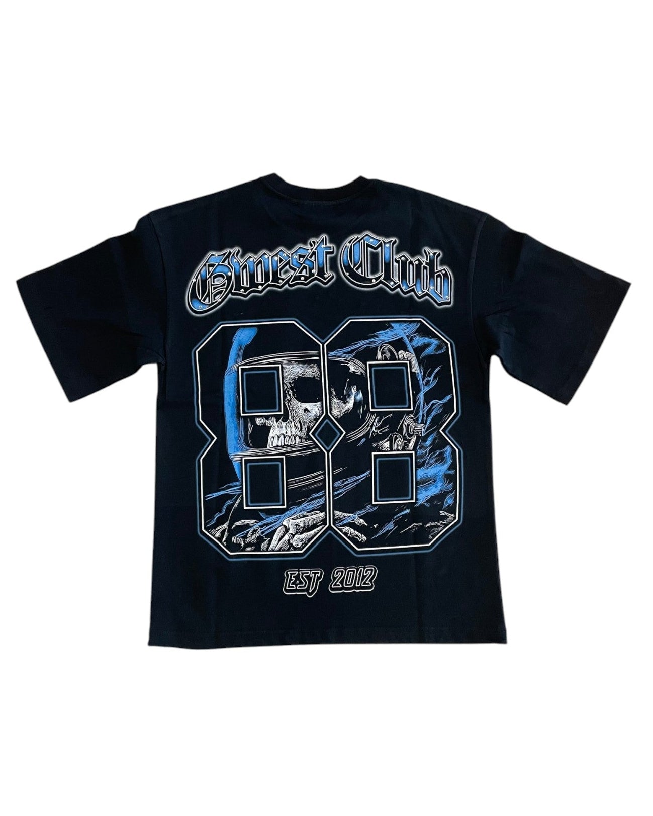 Black t-shirt with blue and white graphics and text on a white background