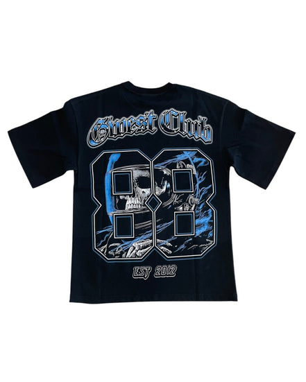 Black t-shirt with blue and white graphics and text on a white background