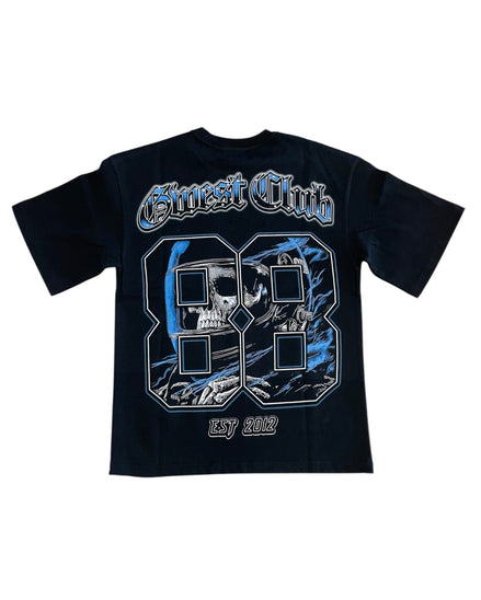 Black t-shirt with blue and white graphics and text on a white background