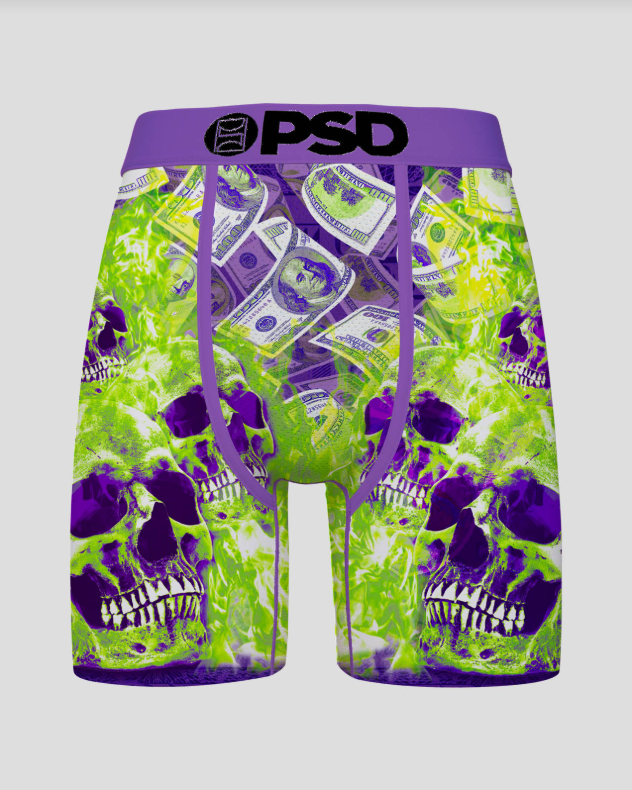 BRIEFS with skull and money design on a white background