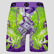 Boxer briefs with dollar bill design and purple waistband on a white background