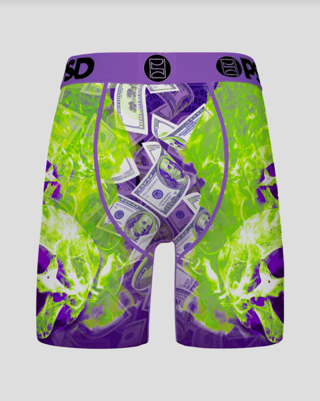 Boxer briefs with dollar bill design and purple waistband on a white background