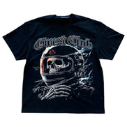 Black t-shirt with a graphic design of a helmet and skull, labeled 'Ghost Club', on a white background.