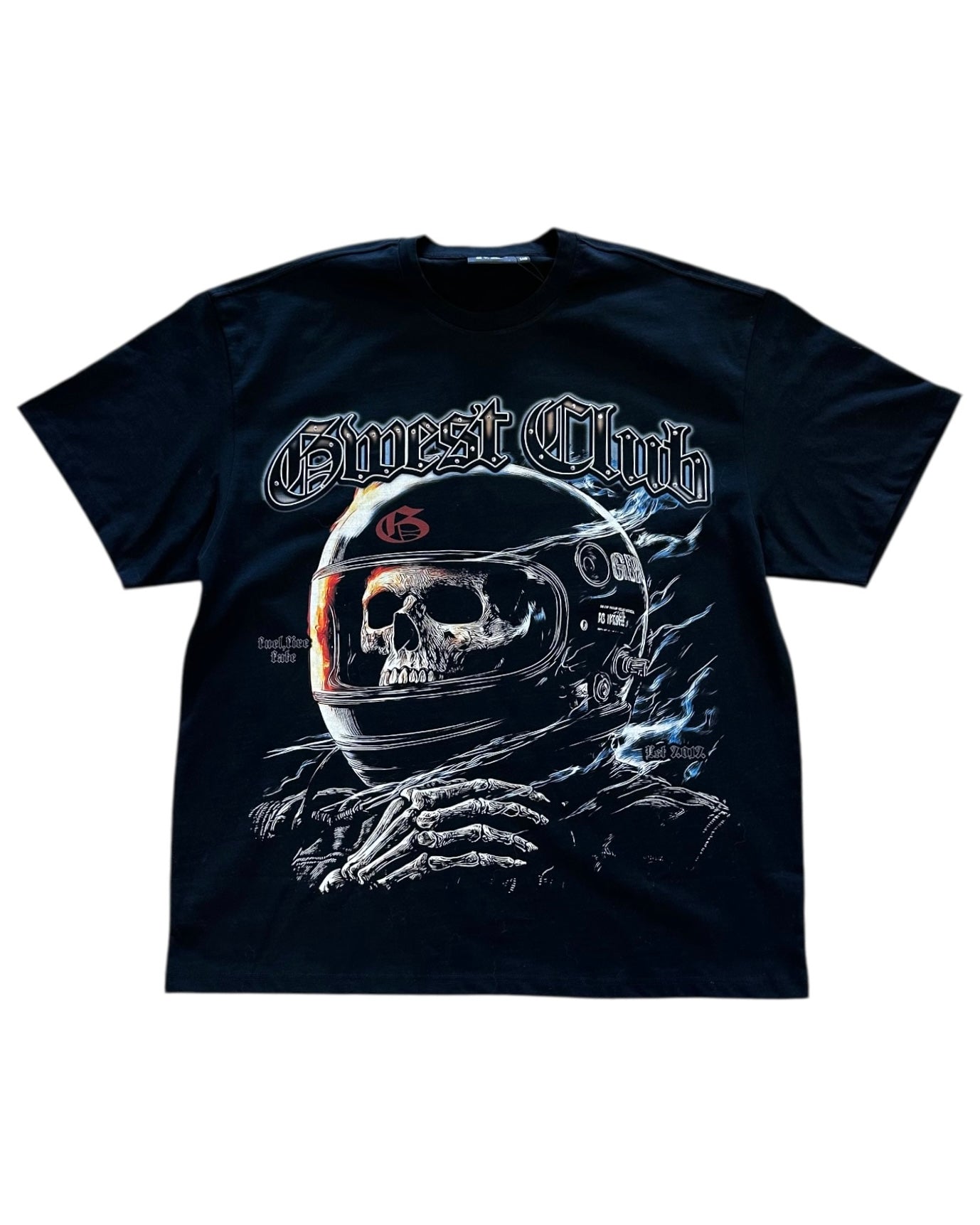 Black t-shirt with a graphic design of a helmet and skull, labeled 'Ghost Club', on a white background.