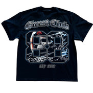 Black t-shirt with graphic design and text on a white background