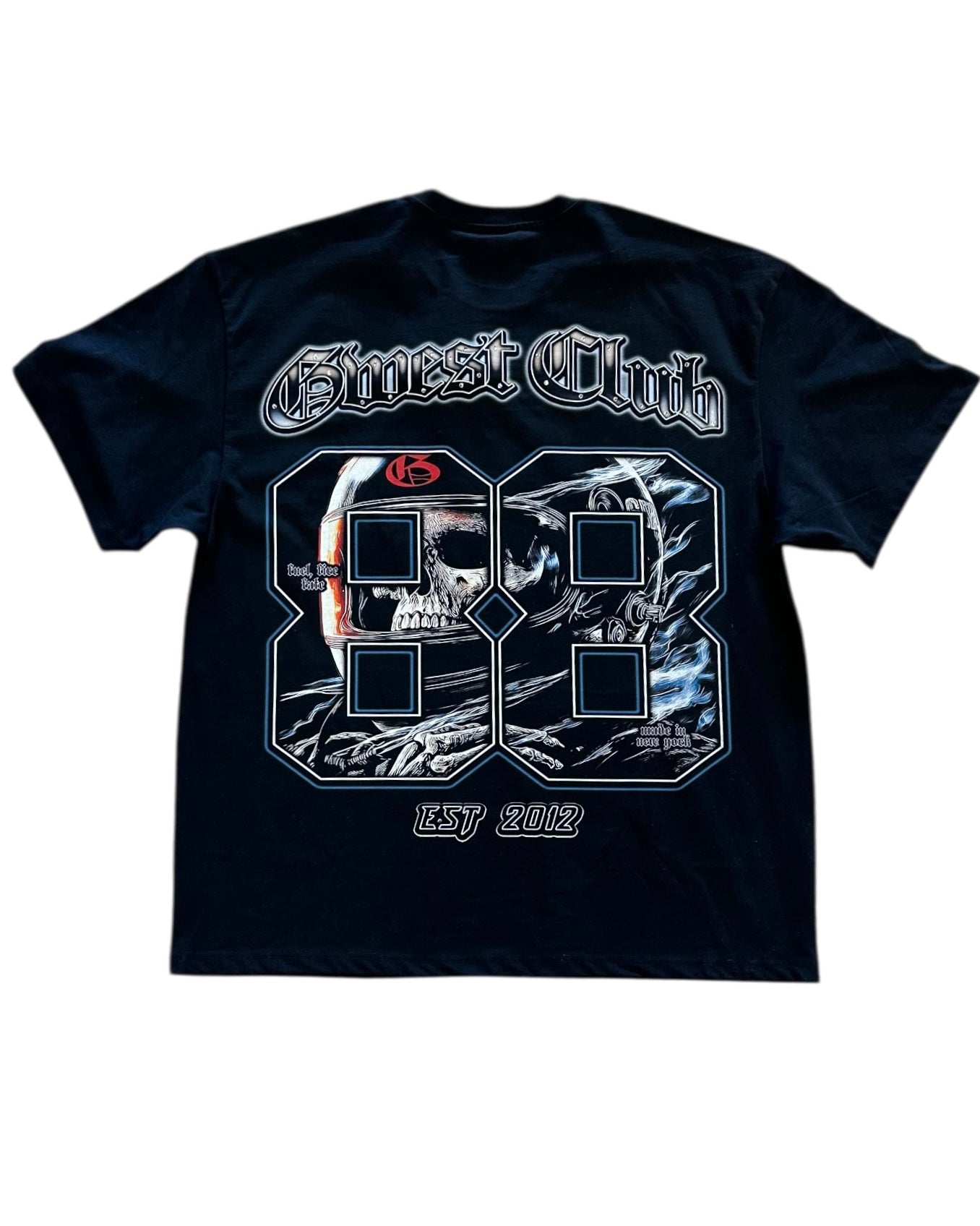 Black t-shirt with graphic design and text on a white background